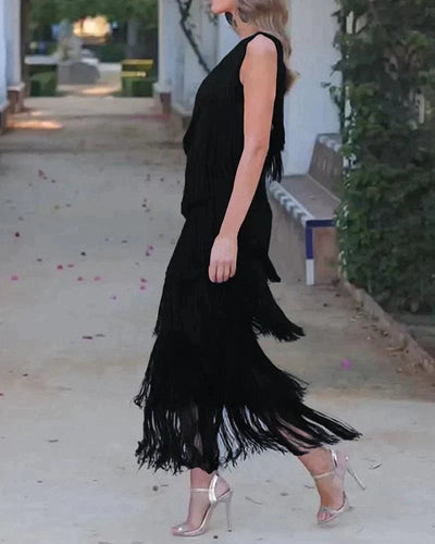 LAURA | VESTIDO LARGO CON FLECOS