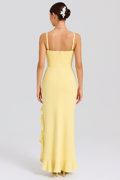 BELLA - VESTIDO DE SATÉN CON CORSÉ Y VOLANTES